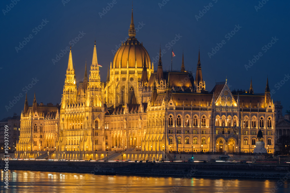 Illuminated House of Parliament in Budapest at night 