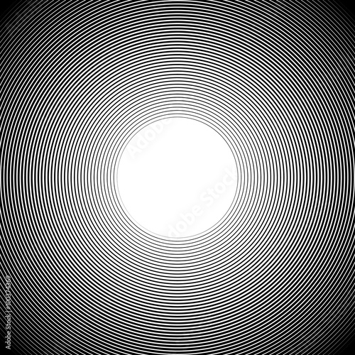 Concentric radiating circles abstract monochrome vector graphic.