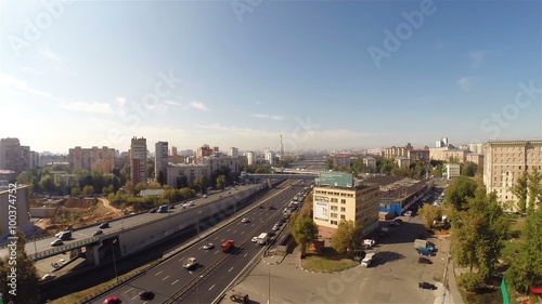 MOSCOW, RUSSIA - AUGUST 21: Road traffic on the Third Transport Ring near Velezavodsky market on August 21, 2014 in Moscow. Aerial view from the unmanned quadrocopter,