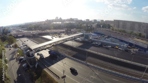 MOSCOW, RUSSIA - AUGUST 21: Road traffic on the Third Transport Ring near Velezavodsky market on August 21, 2014 in Moscow. Aerial view from the unmanned quadrocopter,