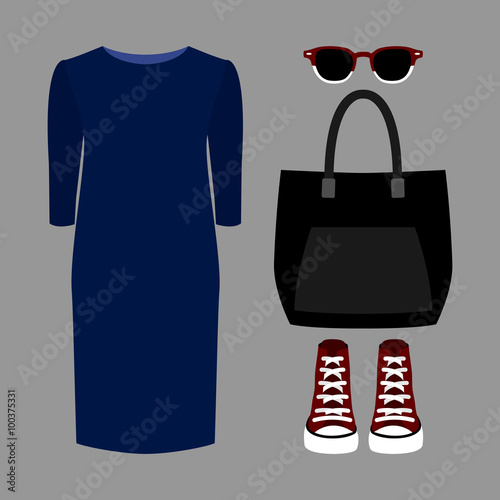 Set of trendy women's clothes. Outfit of woman dress and accessories. Women's wardrobe. Vector illustration