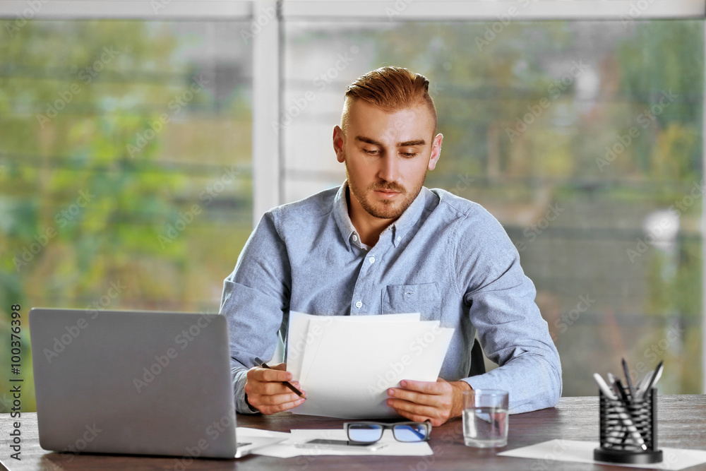 Fototapeta premium Businessman working with laptop in office