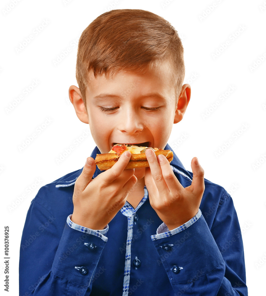 Little boy eating pizza isolated on white Little boy eating pizza isolated on white