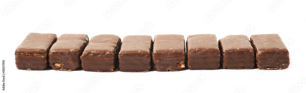 Line of chocolate waffle candies Line of chocolate waffle candies