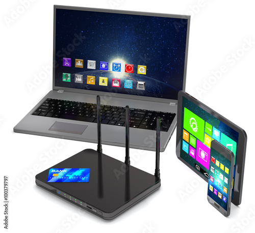 Router, laptop, smartphone, tablet and credit card.