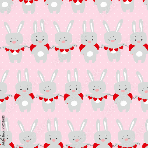 Cute Valentines seamless pattern with cartoon rabbits with heart