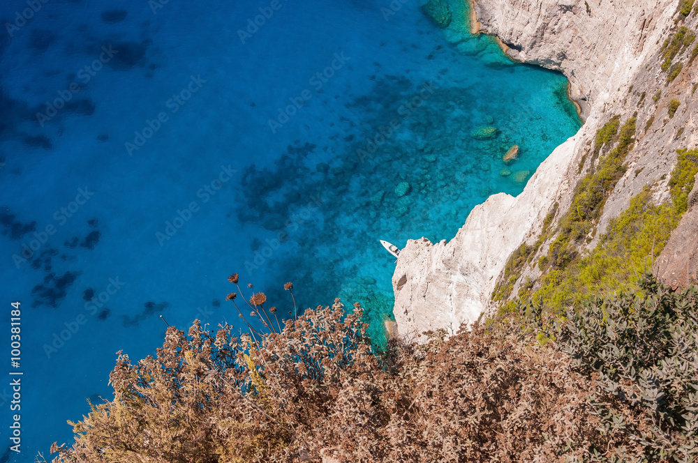 Motorboat at the cliffs of Zakynthos