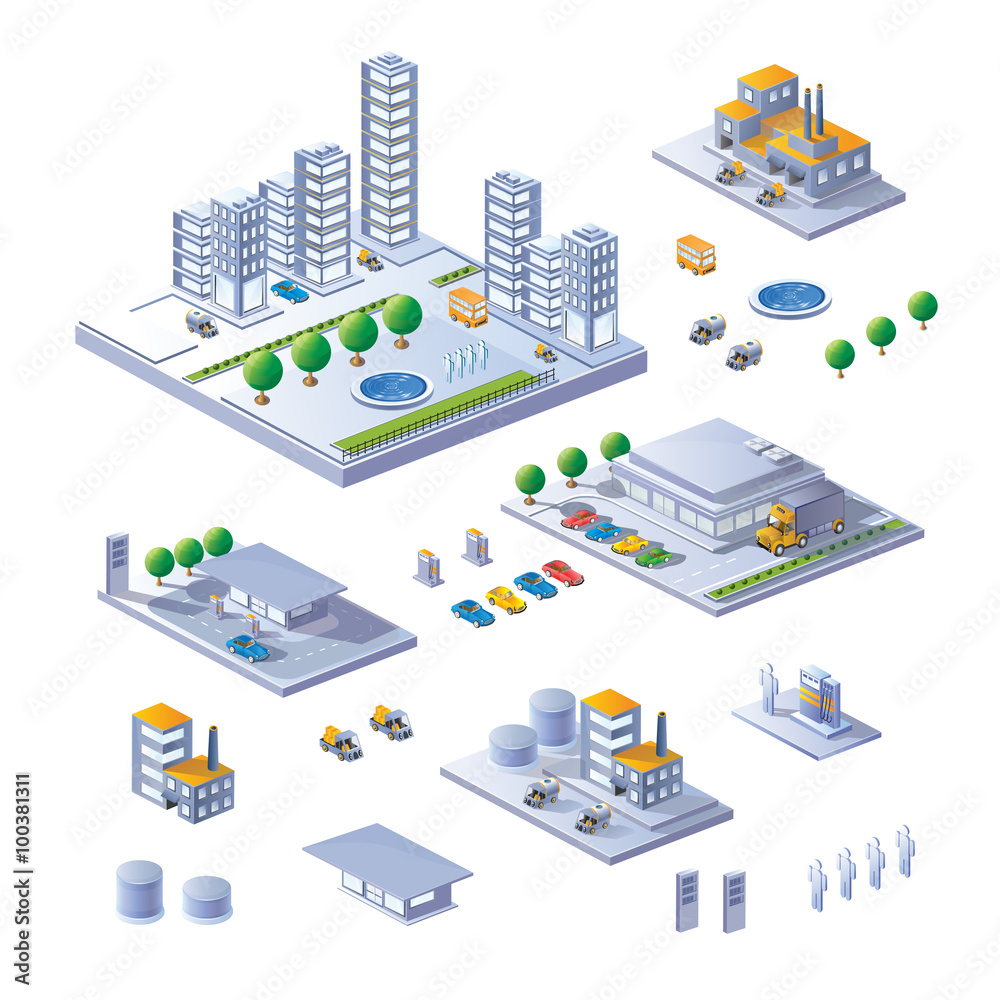 A large set of isometric urban buildings. The picture presented supermarkets, houses, skyscrapers. A large set of isometric urban buildings. The picture presented supermarkets, houses, skyscrapers.