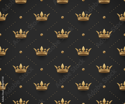 Seamless gold pattern with king crowns on a dark black background. Vector Illustration.