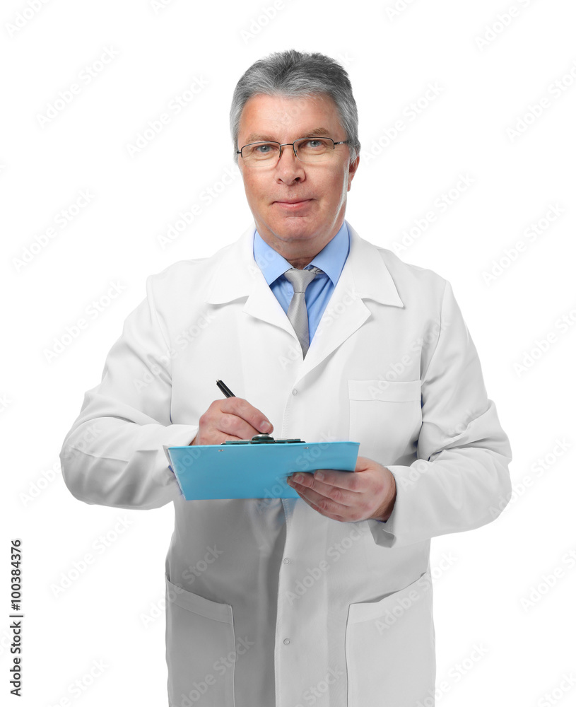 A handsome doctor with clipboard, isolated on white A handsome doctor with clipboard, isolated on white