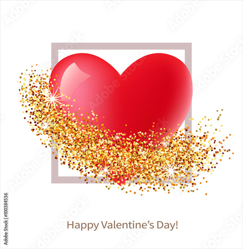 Valentine day card with heart and golden glitter. Vector illustration.