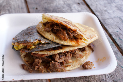 Traditional Mexican Gorditas stuffed with cheese, veggies and meats, served in the town of Creel, Mexico