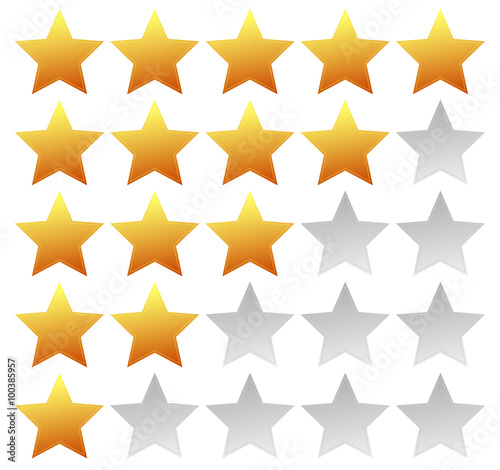 Star rating template with 5 stars. Quality, product, service rev