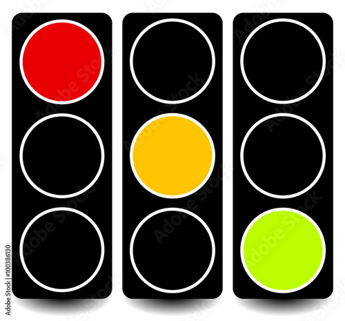 Vector traffic lights, lamps, semaphores in sequence on white.