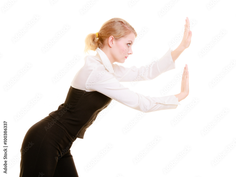 Businesswoman pushing away blank copy space Businesswoman pushing away blank copy space