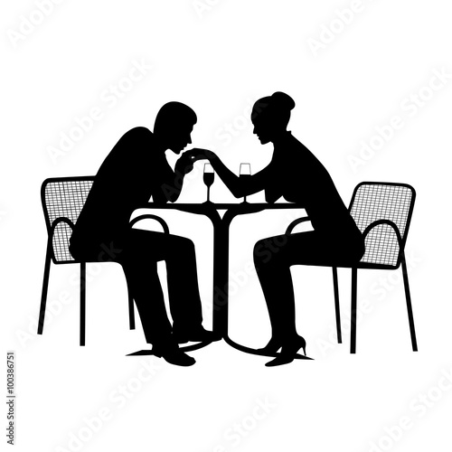 silhouettes of romantic couple in love meeting on a white background