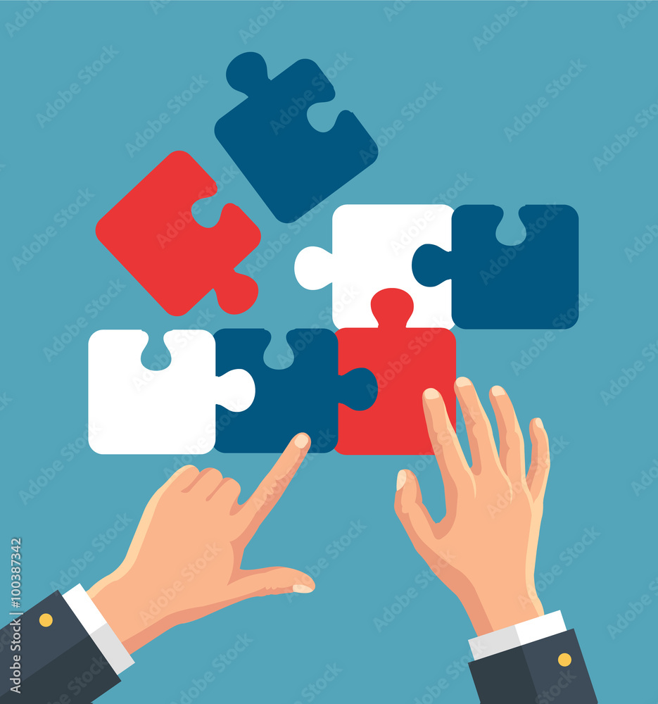 Hands putting puzzle pieces. Vector flat illustration Hands putting puzzle pieces. Vector flat illustration