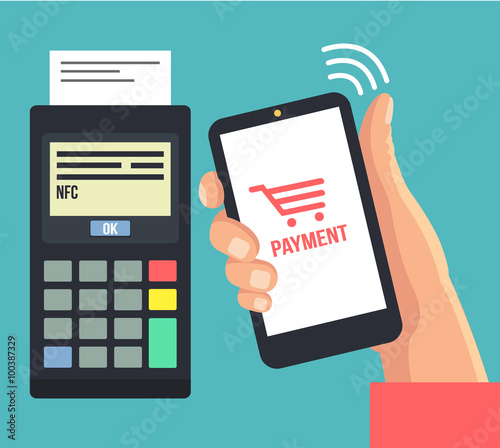 Mobile payments using smartphone. Vector flat illustration
