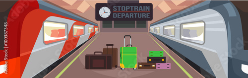 Train station platform. Vector flat illustration