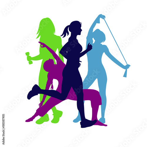 fitness emblem, woman silhouette, vector illustration