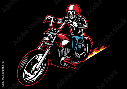 skull wearing a leather biker jacket and ride a motorcycle