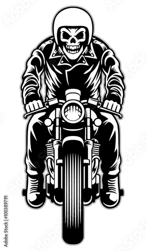 skull riding a cafe racer motorcycle style
