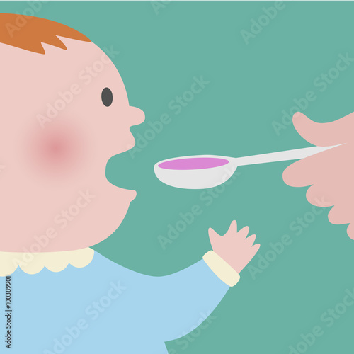 The baby taking spoon of syrup medicine