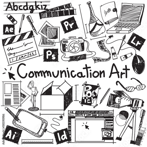 Communication art media university faculty major doodle sign and symbol icon tool in white isolated background paper used for college education and document decoration with subject header text, vector