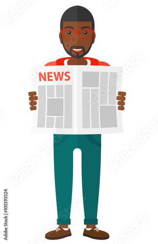 Reporter reading newspaper.