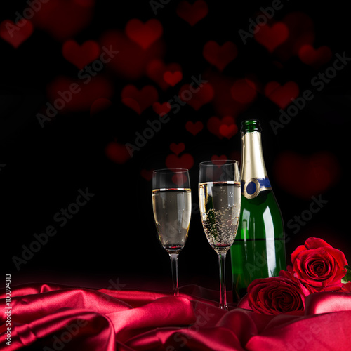 Valentine day with champagne and roses