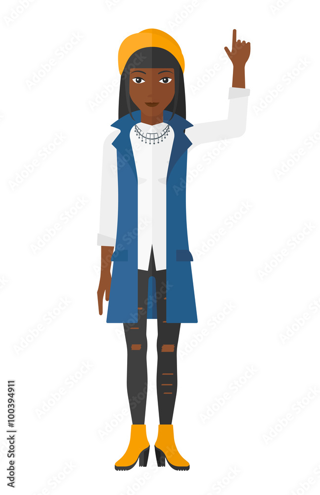 Woman pointing up with her forefinger. Woman pointing up with her forefinger.