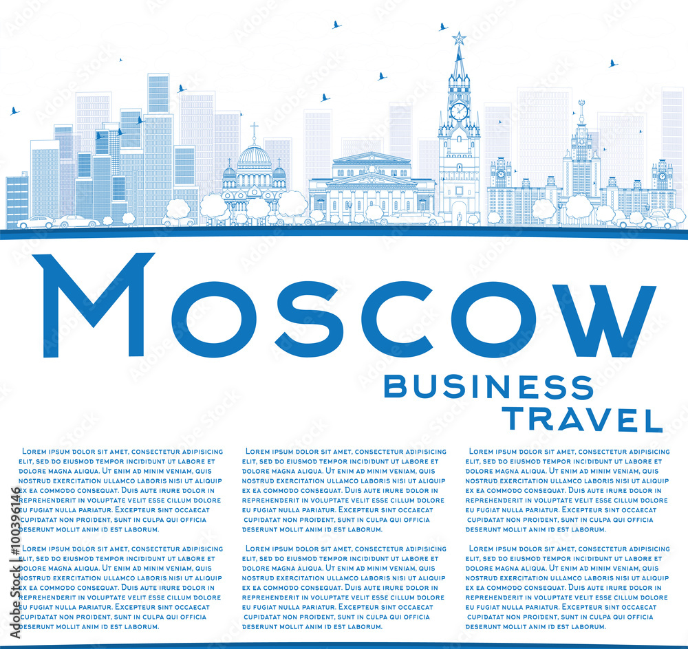 Outline Moscow Skyline with Blue Landmarks and Copy Space. Some elements have transparency mode different from normal.