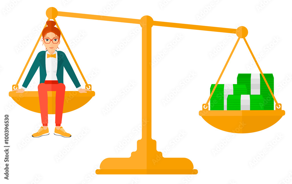 Woman sitting on scale with coins. Woman sitting on scale with coins.