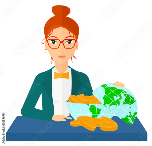 Woman with globe full of money.