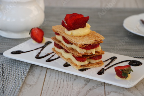 Strawberries Mille Feuille Cake in white plate