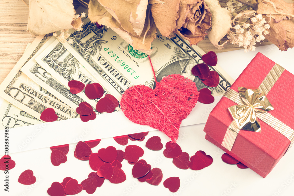 valentine concept with hearts, dry roses and valentine concept with hearts, dry roses and