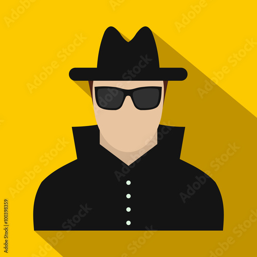 Man in black sunglasses and black hat flat icon