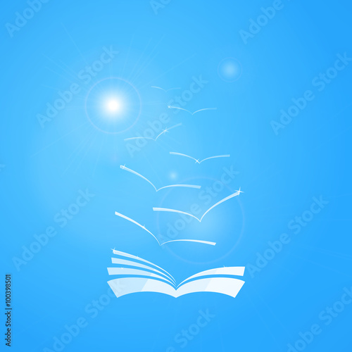 Vector book in blue sky with seagulls and sun. Learning and knowledge concept