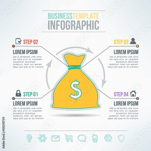 Vector money bag infographic template with icons set suitable for business presentations, reports, statistic layout