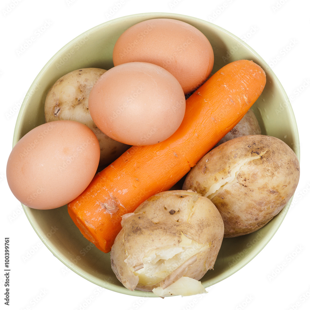 top view of boiled eggs, carrot and potatoes top view of boiled eggs, carrot and potatoes