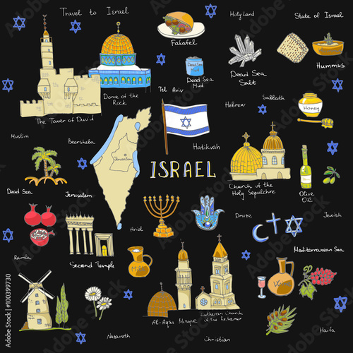 Set of hand drawn Israel icons, Jewish sketch illustration, doodle elements, Isolated national elements made in vector. Travel to Israel icons for cards and web pages