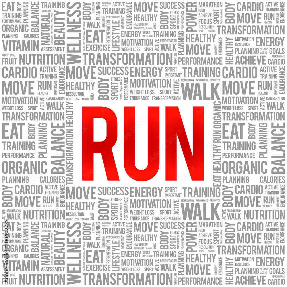 RUN word cloud background, health concept RUN word cloud background, health concept