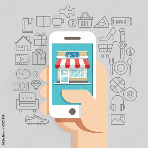 Shopping online business conceptual flat style. Vector illustration. Can be used for workflow layout template, banner, diagram, number options, web design, infographics, timeline.