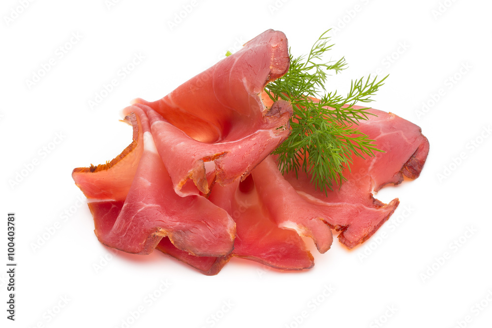 Slices of ham on white background. Slices of ham on white background.