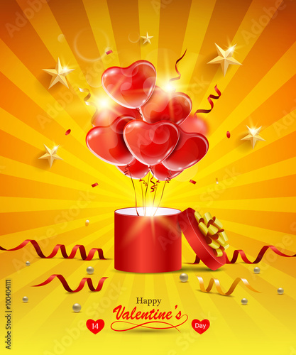 Valentine's day greeting card with heart-shaped balloons, gift box and serpentine.