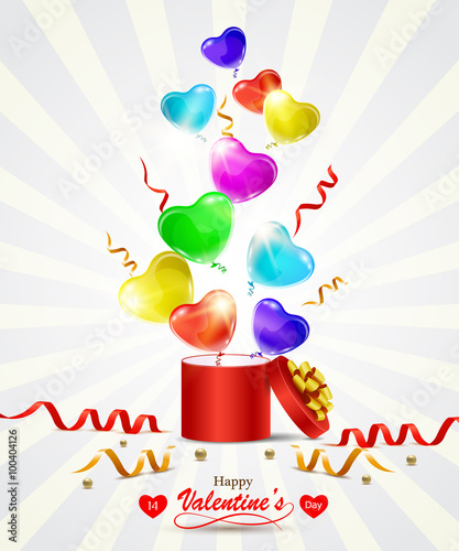 Valentine's day greeting card with heart-shaped balloons, gift box and serpentine.