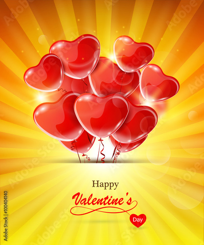 Valentine's day greeting card with red heart-shaped balloons.