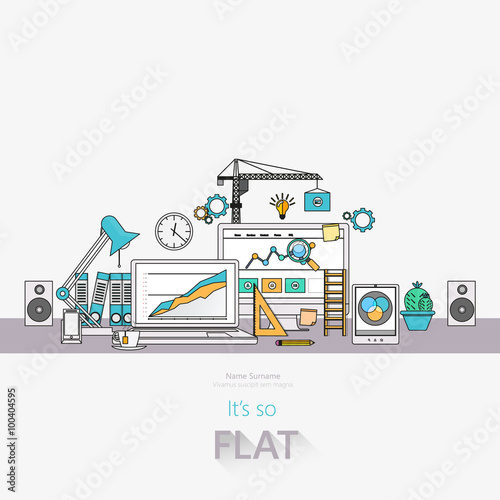 flat design of website under construction, web page building process, site form layout and menu buttons interface develop.
