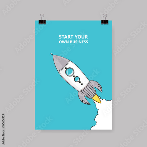 Flat rocket icon on A/4 poster. Startup concept. Project development.
 photo