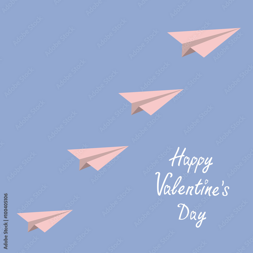 Happy Valentines Day. Love card. Origami paper plane flying in the sky. Flat design. Serenity, pink rose quartz color. Happy Valentines Day. Love card. Origami paper plane flying in the sky. Flat design. Serenity, pink rose quartz color.